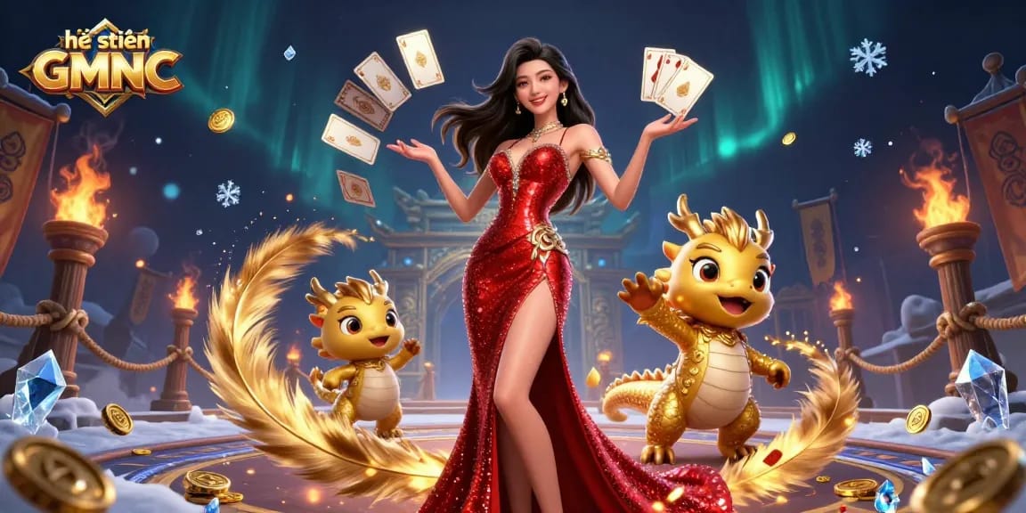 Engage with the imaginative world of hệ thống GMNC through this vibrant casino-themed illustration featuring a stylish Asian woman and a golden dragon mascot.