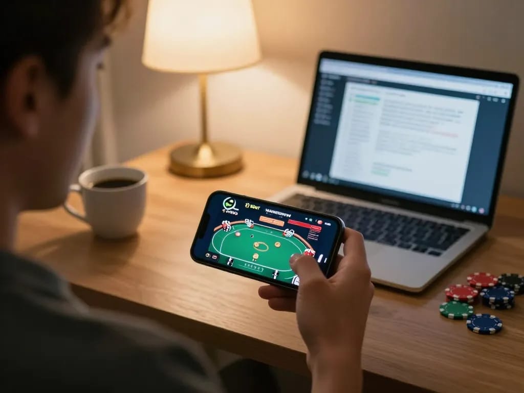 Player engaged in a live poker game on the fabet app, showcasing strategic gameplay in a cozy home setting.