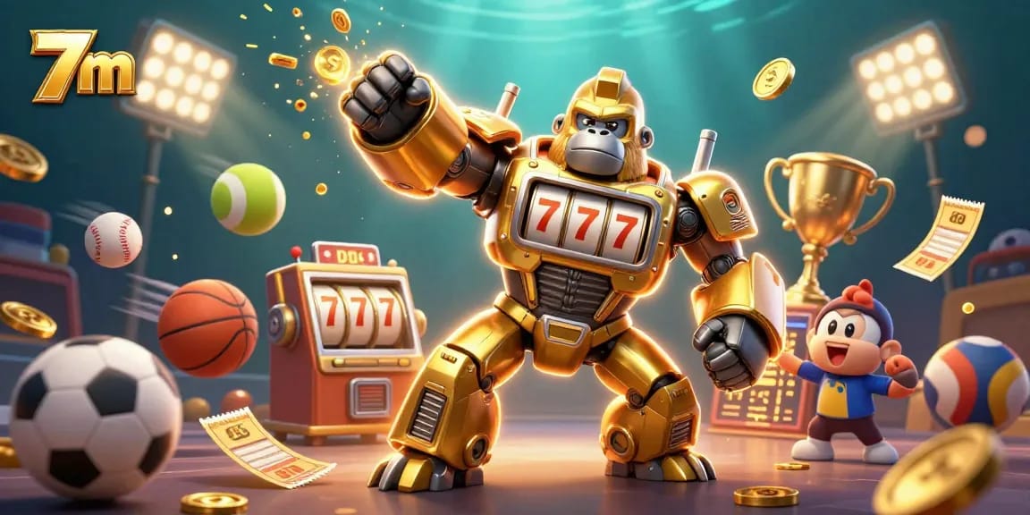 7m shows an exciting gaming experience with a golden gorilla mech and dynamic sports elements.