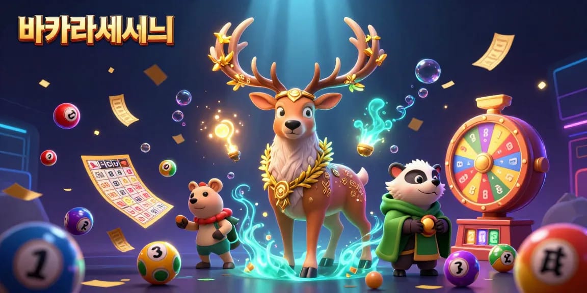 바카라사이트에서 다양한 바카라 게임을 즐기는 3D 드루이드 이미지, 행운의 상징 요소가 가득한 장면입니다.