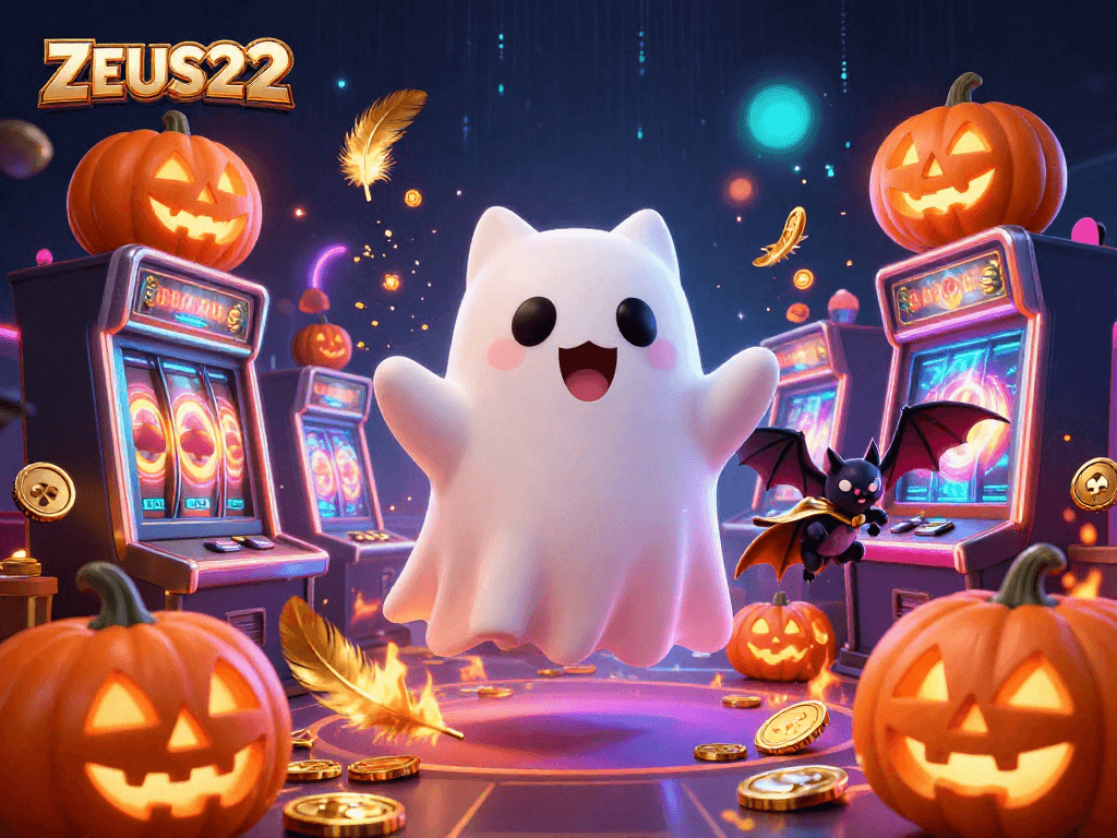 ZEUS222 showcases a ghost cat and vampire bat in an exciting casino filled with slot machines and glowing jack-o-lanterns.