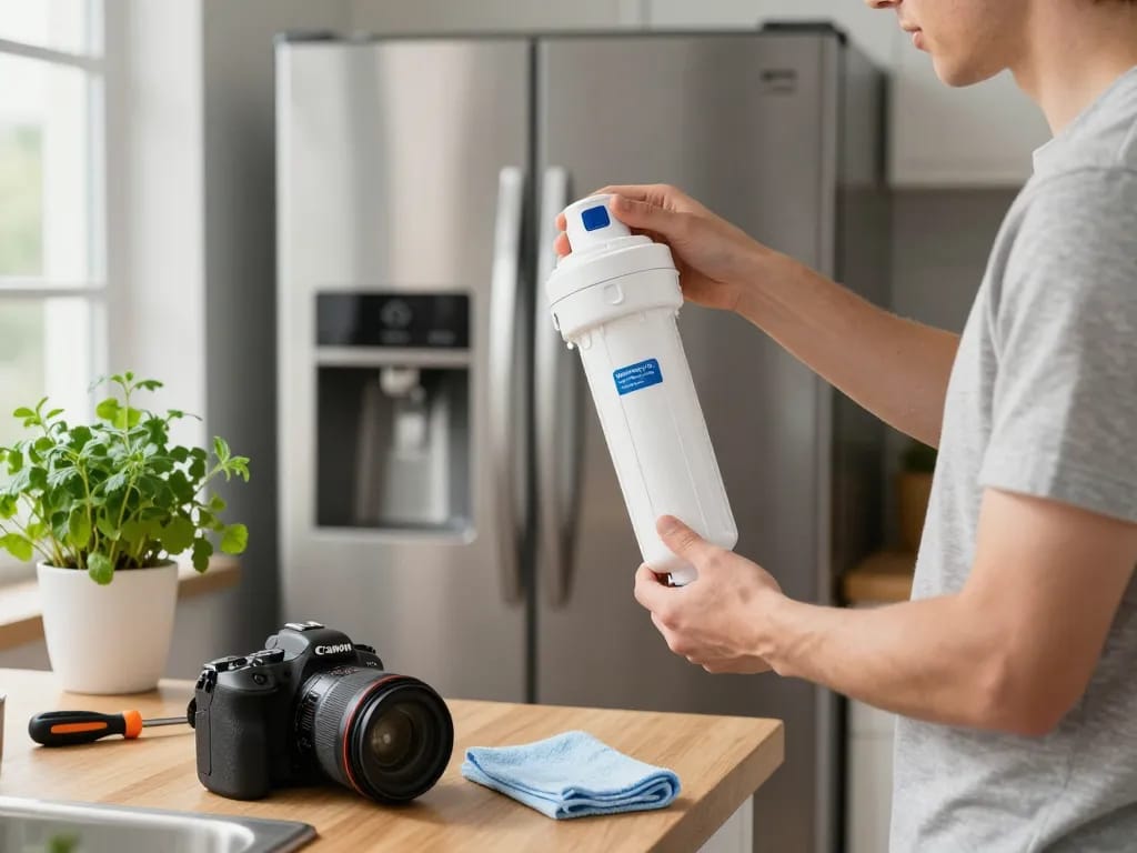 Person installing Waterdrop Plus WDP-F19C Replacement for GE® RPWFE® water filter in a cozy kitchen.