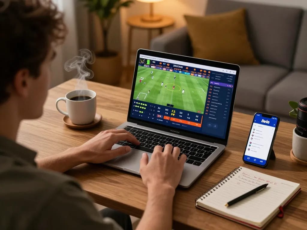 Person engaged in sports betting using llwin app on laptop, creating an inviting gaming atmosphere.