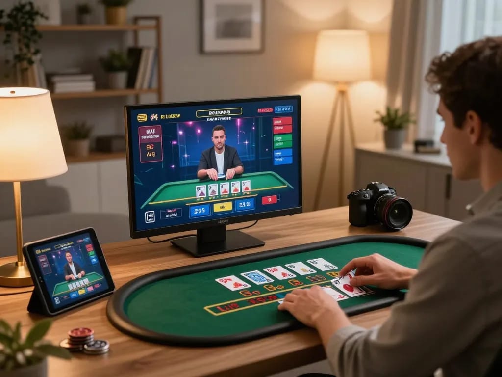 An engaged player at their online casino setup, demonstrating responsible gameplay while using nhacaiuytinn for strategy insights.