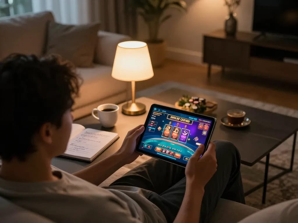 Engaged player exploring 58win online casino on a tablet at home, showcasing personal gaming space