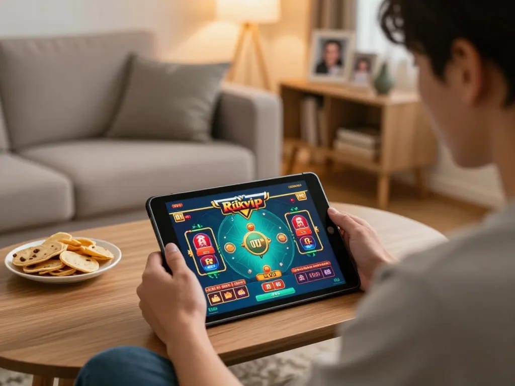Person playing a Rikvip casino game on a tablet in a cozy home setting, focused on winning.
