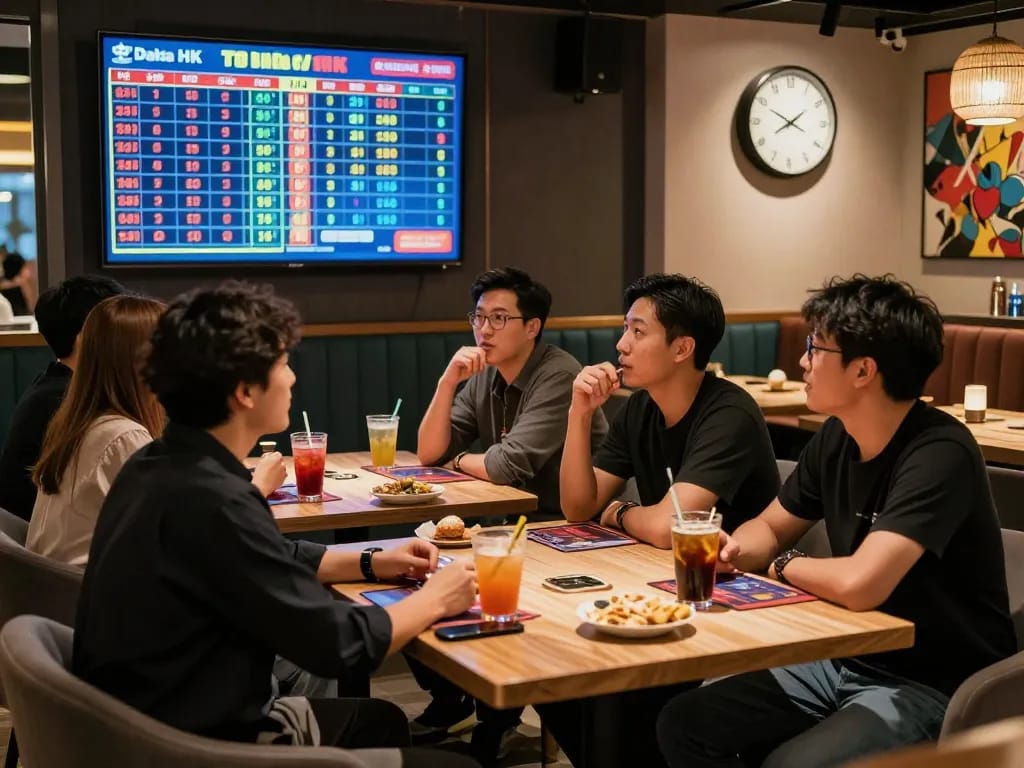 Engaged bettors watching live Data HK updates in a modern lounge, filled with excitement.