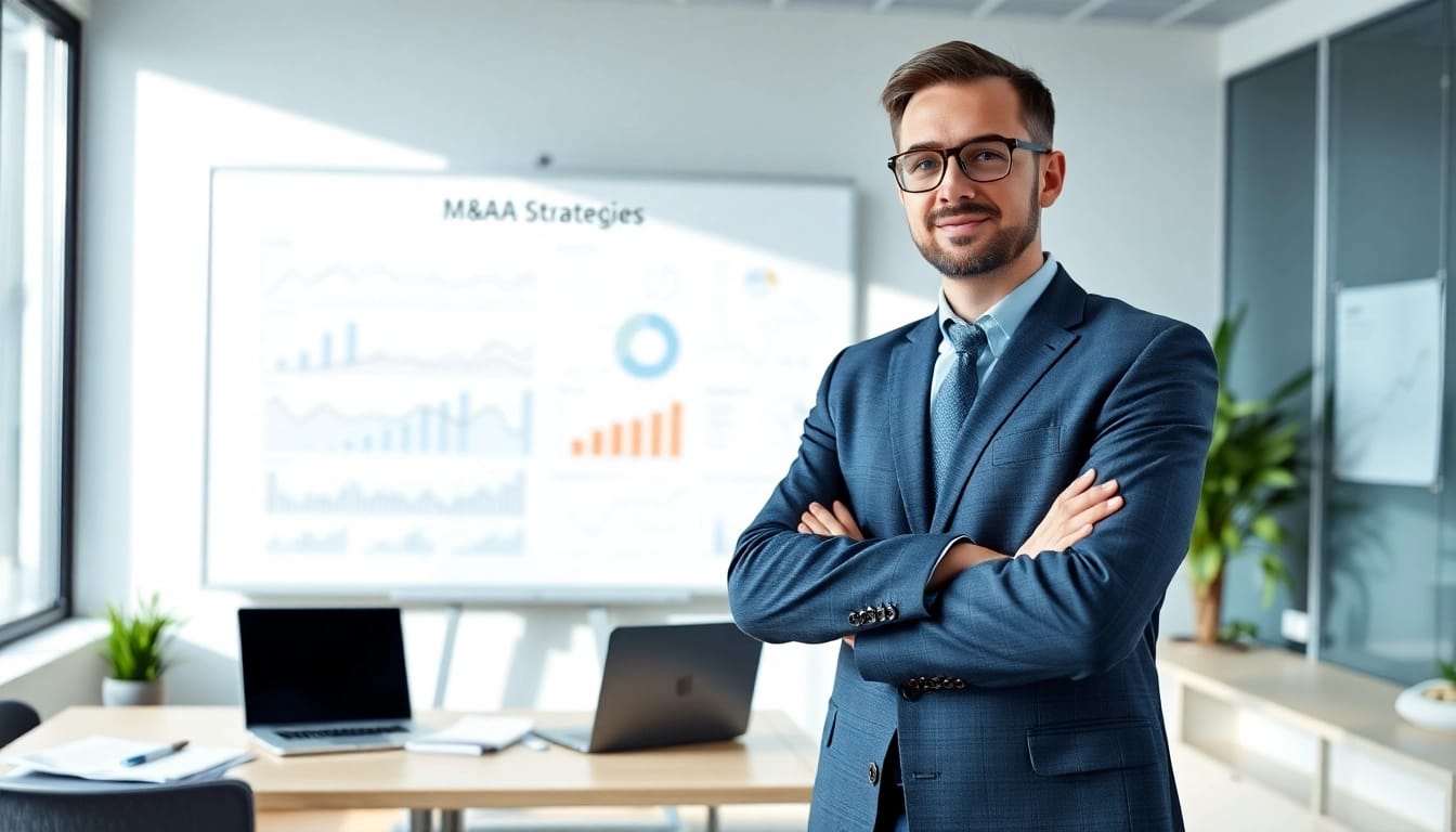 재무 자문이 M&A 전략을 설명하는 세련된 사무실