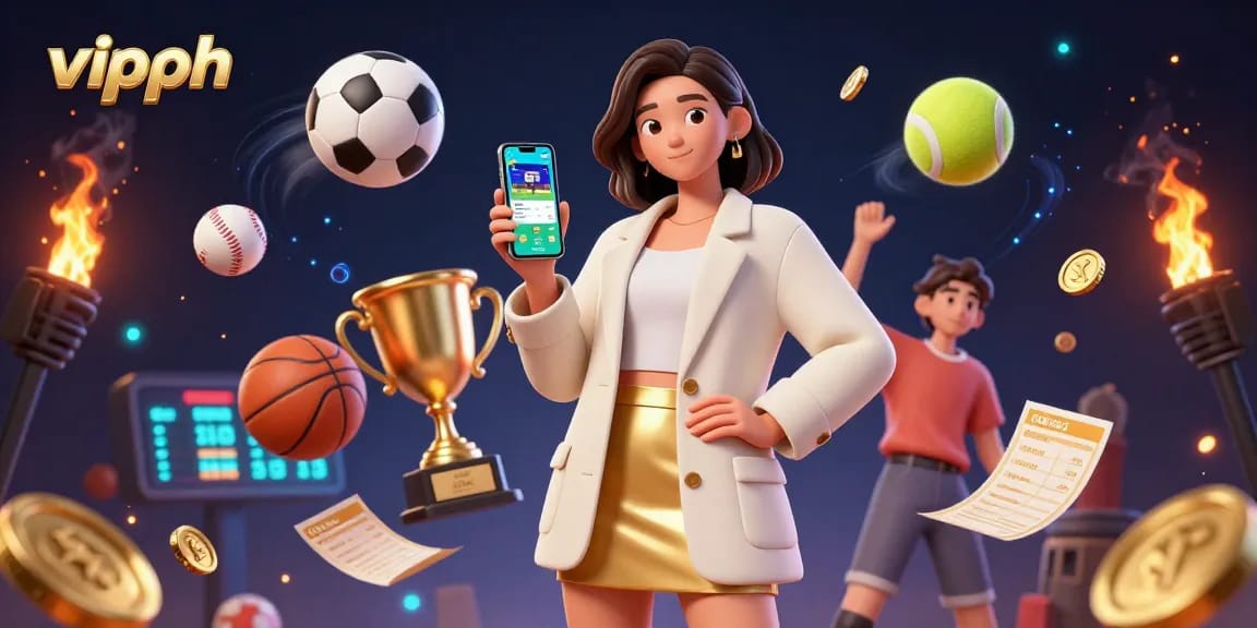 Engage in thrilling sports betting with vipph, featuring dynamic 3D illustration of an Asian woman and sports elements.