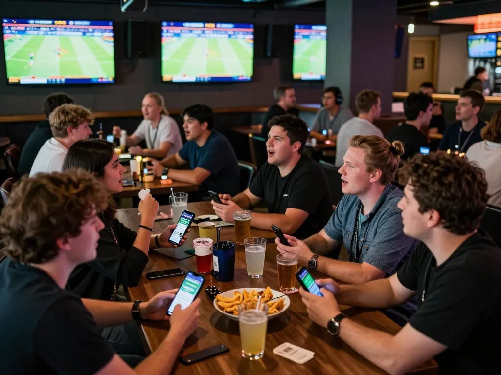 Engaged patrons using mm88 for live sports betting in a vibrant sports bar atmosphere.