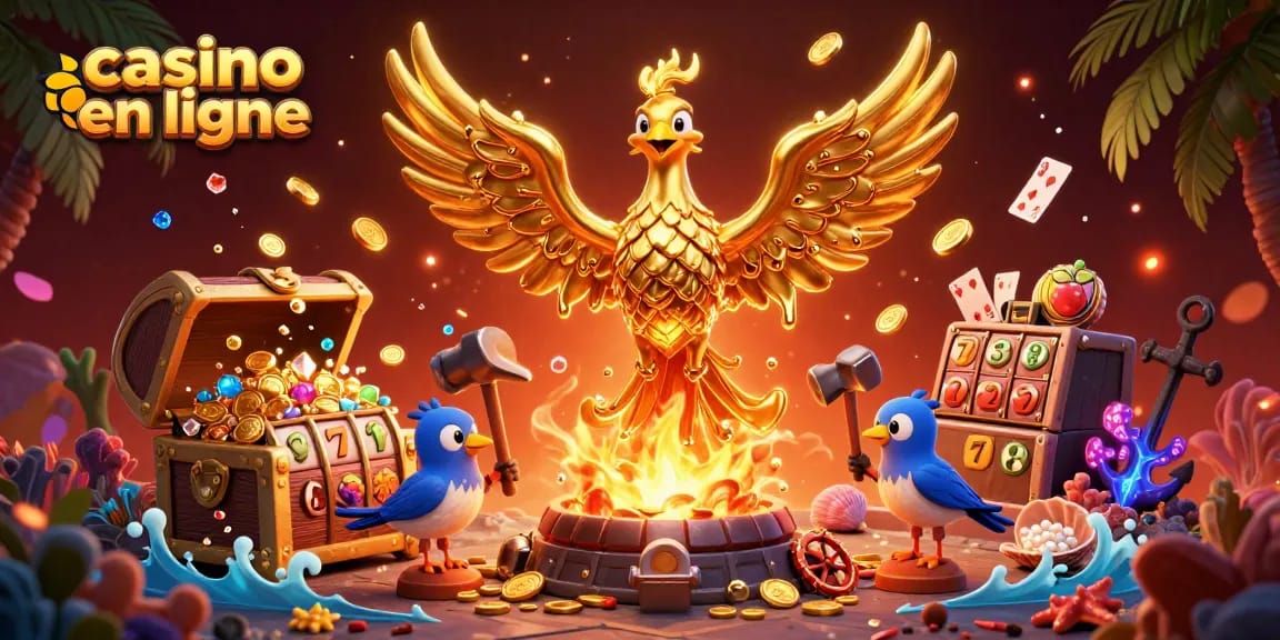 Plongez dans l'univers du casino en ligne avec un phoenix doré émergeant de pièces d'or et des éléments ludiques autour.