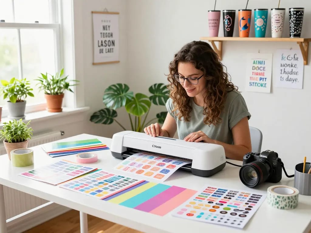 Crafting with a cricut svg bundle in a colorful home studio filled with designs and materials.