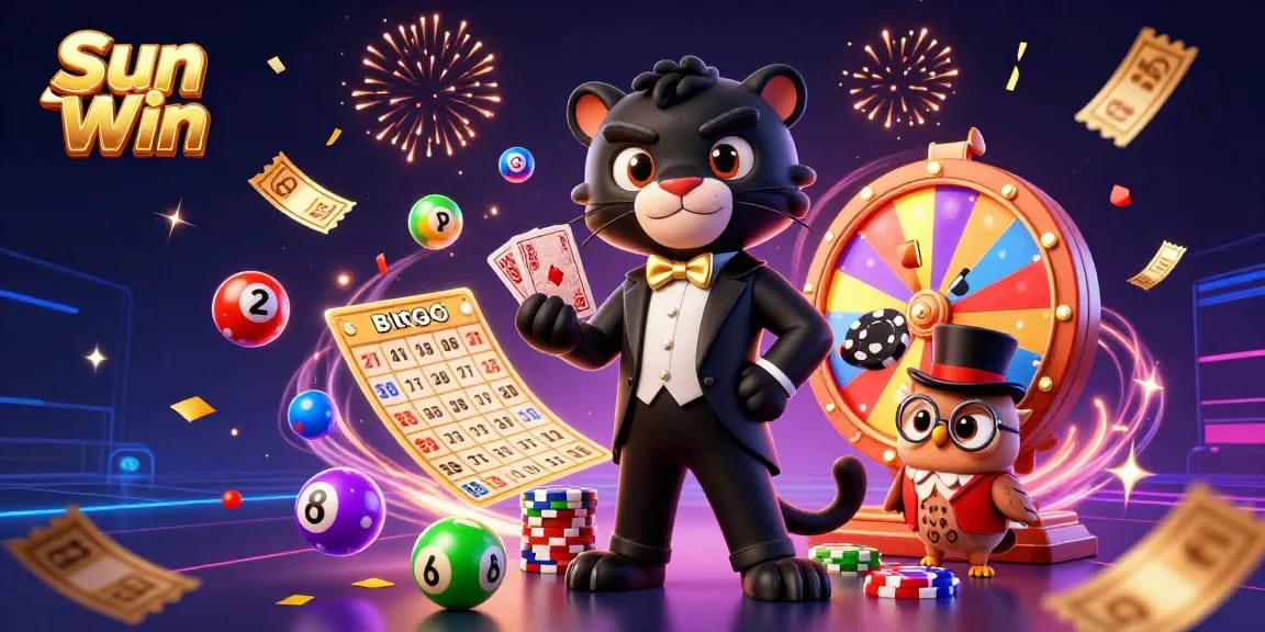 Engage with Sun Win's thrilling gaming experience featuring a stylish panther dealer, cheerful owl with poker chips, and lucky mouse amidst a vibrant casino scene.