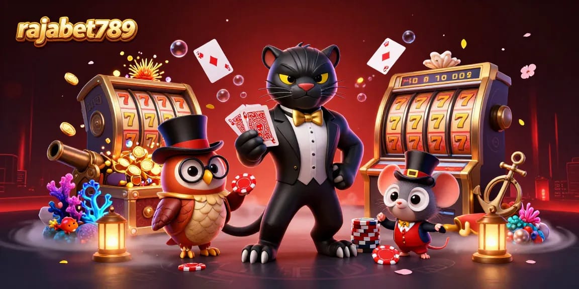 Rajabet789 menghadirkan ilustrasi kasino yang dinamis, memperlihatkan panther, burung hantu, dan tikus beruntung bersenang-senang bermain kartu.