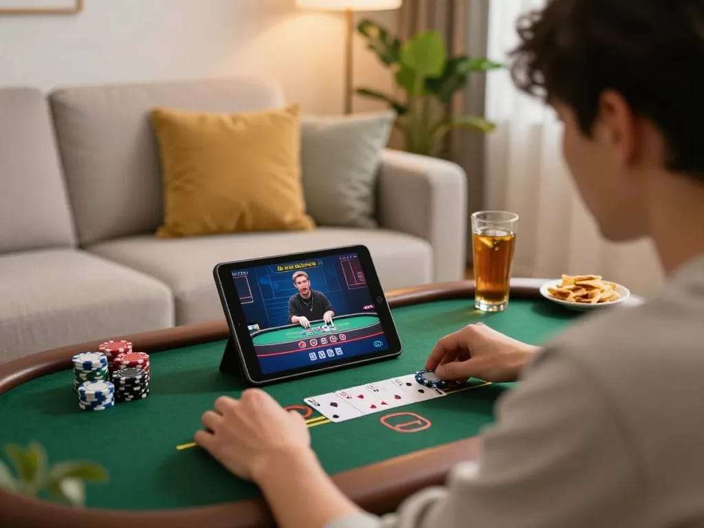 Player engaging with blackjack game at home, showcasing vipwin experience with virtual dealer and chips in view.