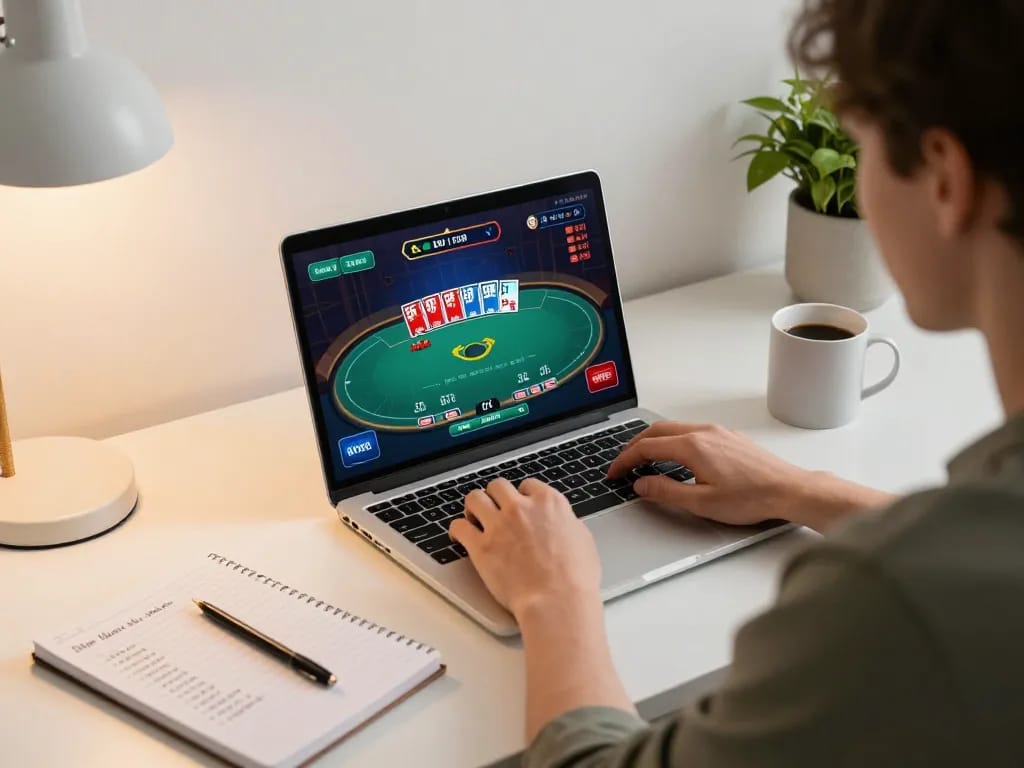 Engaging with the online gaming experience on siapbos88, showcasing a personalized gaming setup with poker action on laptop.