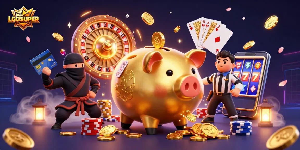 Experience the excitement of LGOSUPER with a dynamic casino-themed illustration featuring vibrant elements.