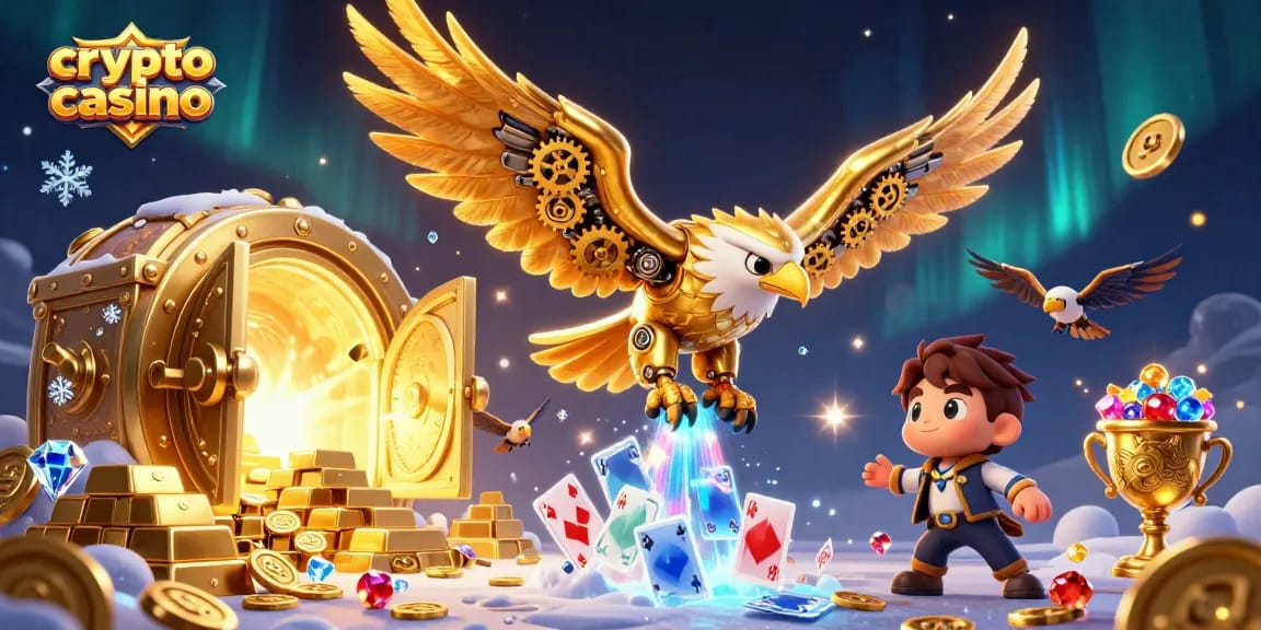 Cattura l'azione in un crypto casino con un'aquila cibernetica tra carte olografiche e simboli d'oro.