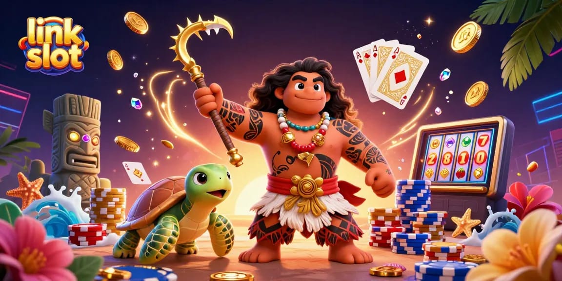 Permainan slot link slot dengan karakter kartun dalam latar kasino yang menggemaskan.