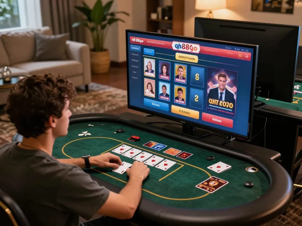 Player engaging with qh88go online casino platform in a cozy home setting with digital poker interface