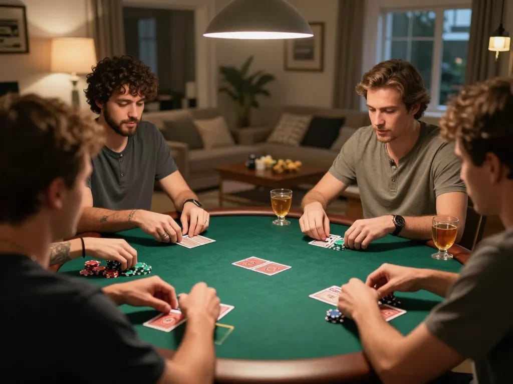 Players enjoy a poker game at home, showcasing strategic thinking and fun with Sunwin.