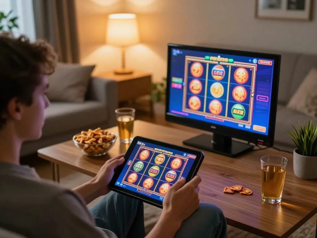 A player engages with the ALO8 online slot game interface at home, showcasing a relaxed gaming atmosphere.