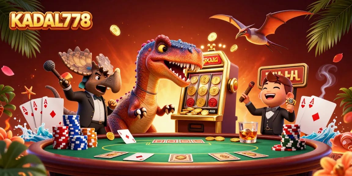 KADAL778 features an exhilarating scene with a dinosaur headbutting a slot machine, capturing the thrill of jackpots.