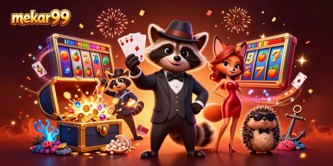Experience winning strategies with mekar99 as a suave raccoon and elegant fox celebrate at an engaging casino.