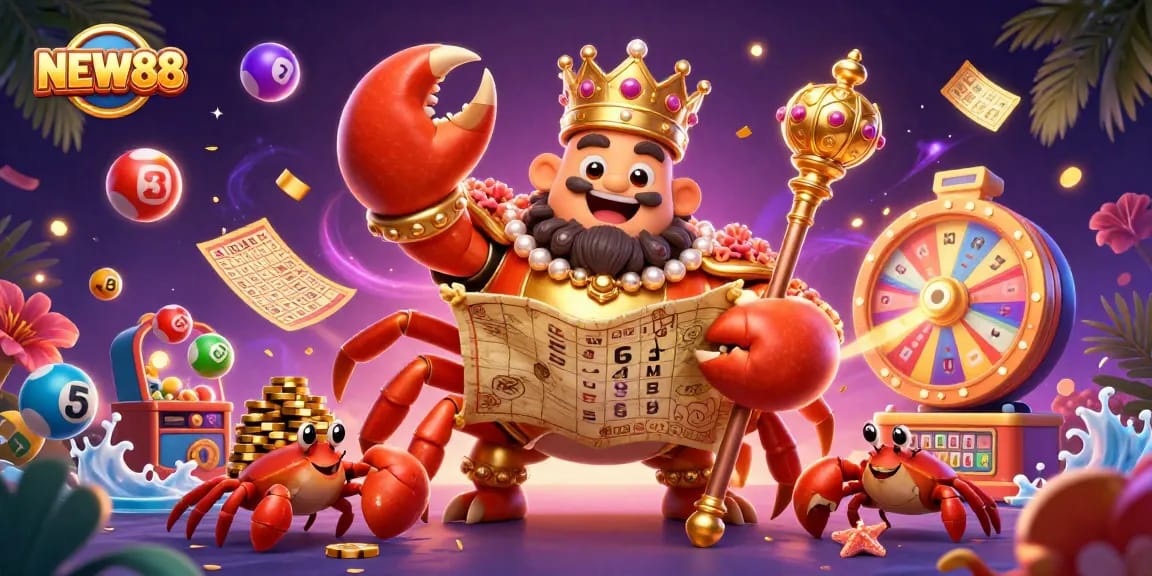 Experience the thrill of NEW88 with a vibrant 3D casino scene featuring a golden crab and lottery elements.