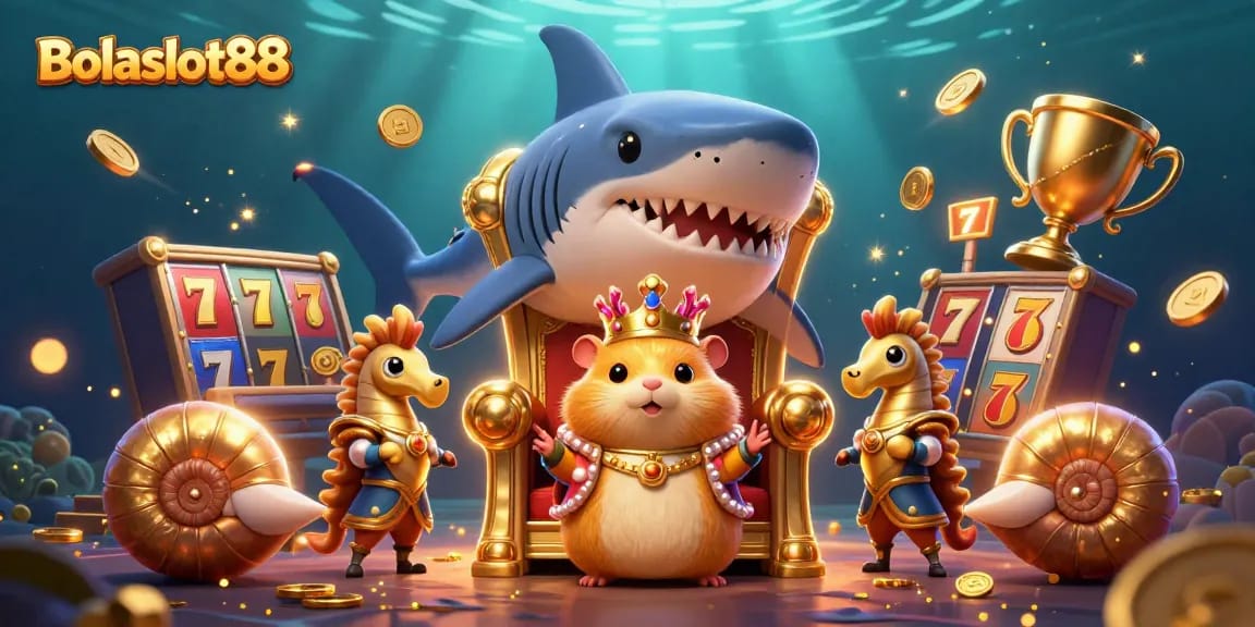 Bolaslot88 presents a vibrant 3D casino scene with a hamster king, slot reels, and sparkling coins.