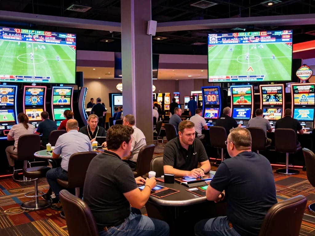 Excited bettors placing bets at Bongdallu during a lively sports event at a modern casino