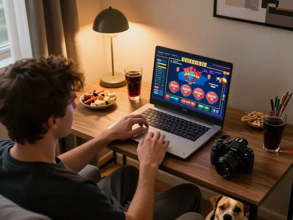 Siti non AAMS giocatore impegnato con giochi online in un ambiente domestico accogliente