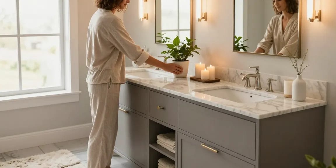 Modern bathroom vanity with double sinks and elegant decor in a bright setting.