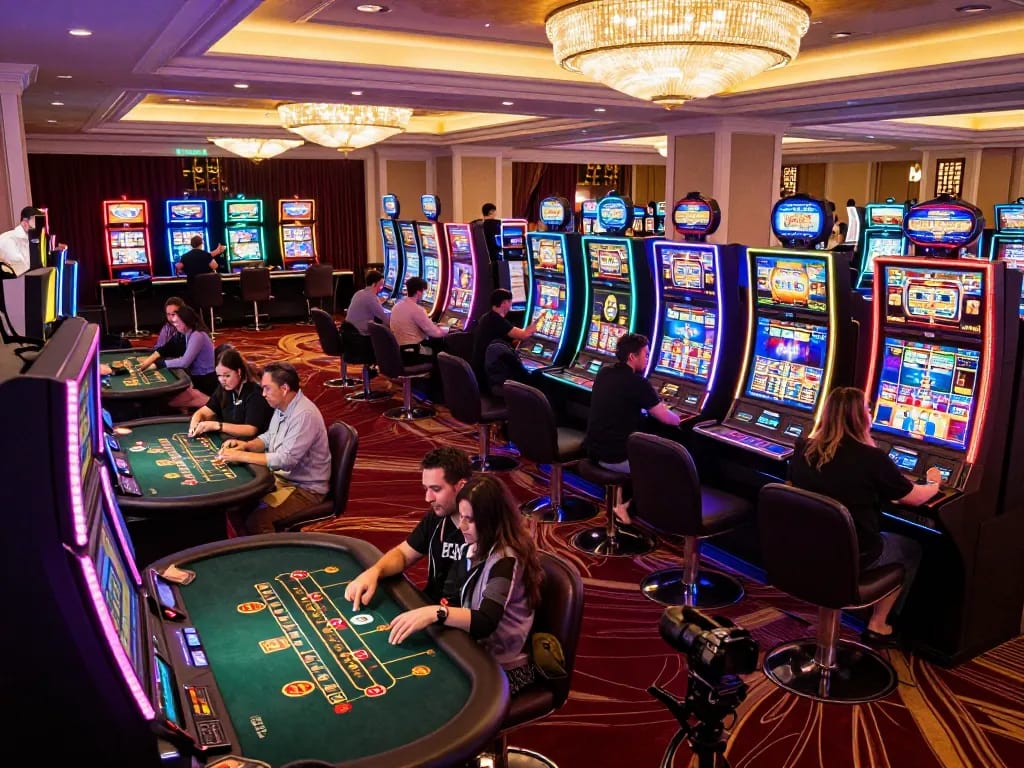 Players enjoying slot machines at fc88 casino, vibrant atmosphere with flashing lights and engaging games.