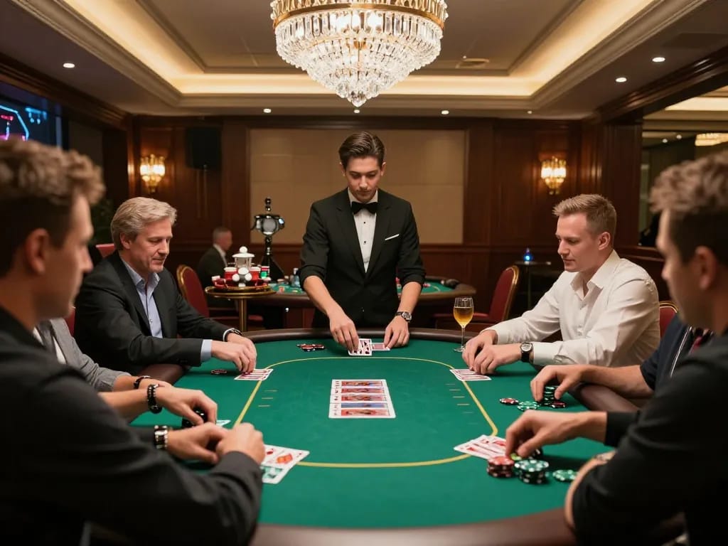 Players engaging in a strategic Texas Hold'em game at gamebaidoithuong8 casino.