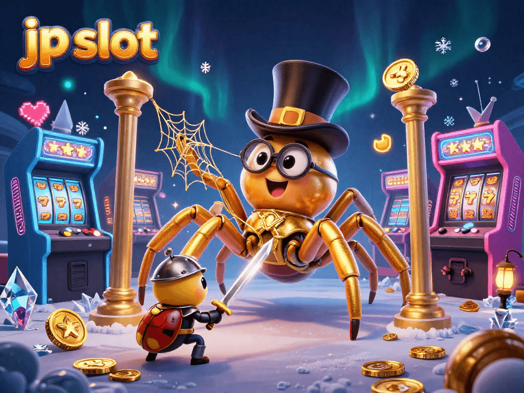 Engage with the vibrant jp slot games showcased by a colorful 3D illustration featuring a golden tarantula and arcade machines.