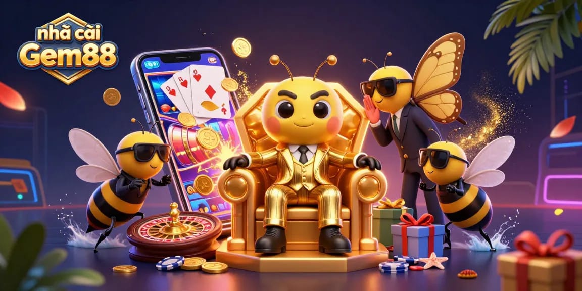 Engage with nhà cái Gem88's vibrant gaming scene featuring delightful cartoon characters and dynamic casino elements.