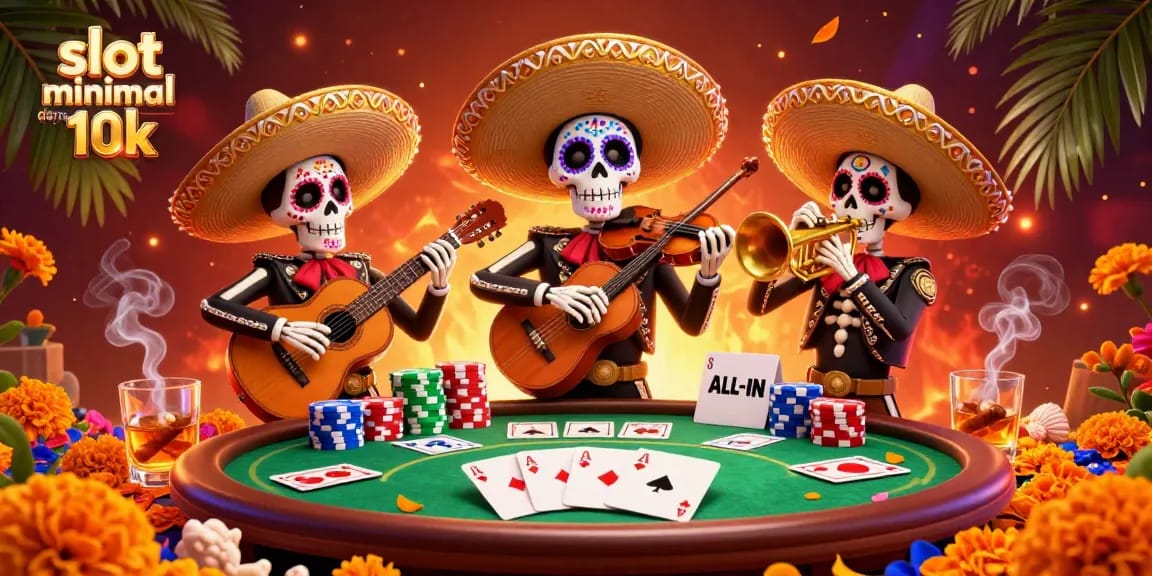Slot minimal depo 10k, skeleton mariachi bermain musik di kasino, dipenuhi elemen judi.