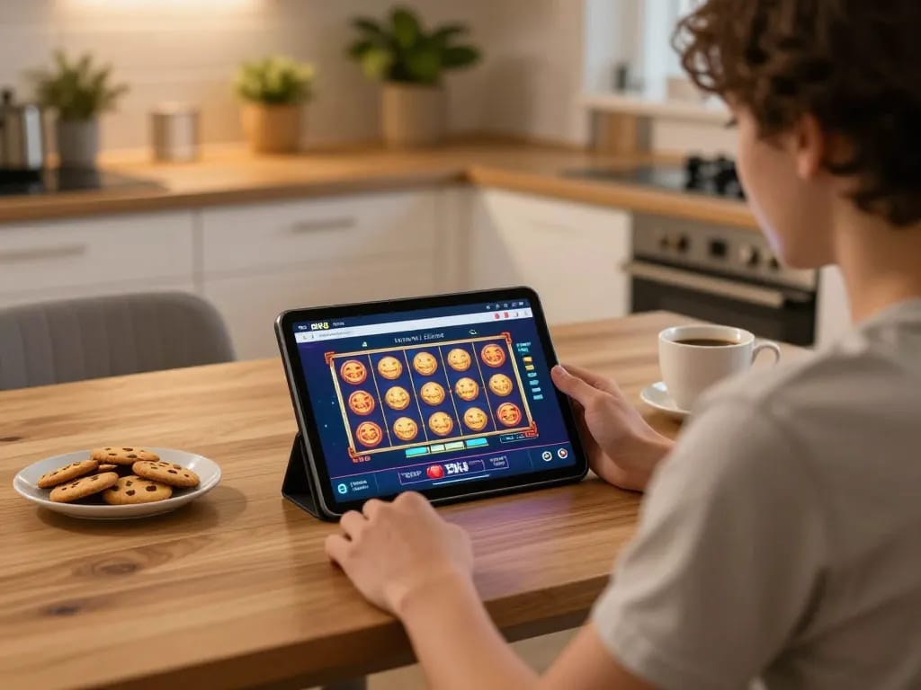 Player enjoys thrilling BK8 online casino experience on tablet at home, surrounded by snacks and warm lighting.