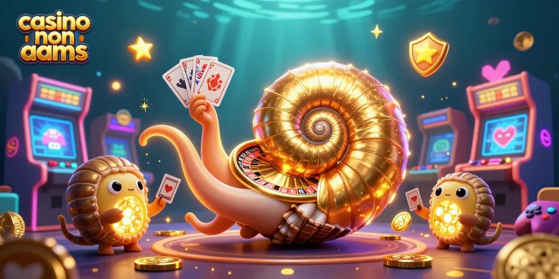 Gioca nei casino non AAMS: illustrazione 3D di un nautilus gigante come ruota della fortuna e giochi arcade luminosi.