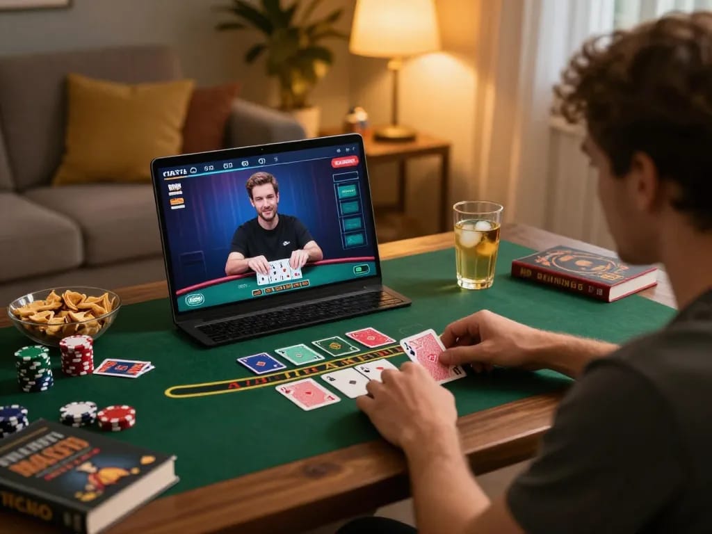 king33 player engaging with live dealer blackjack on a laptop in a cozy home setting