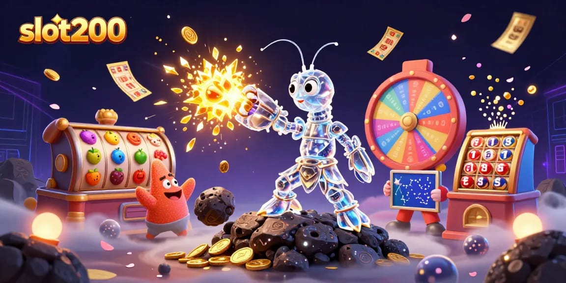 slot200 menghadirkan gambar ilustrasi 3D yang dinamis dengan karakter-karakter menarik dan simbol slot yang berputar.