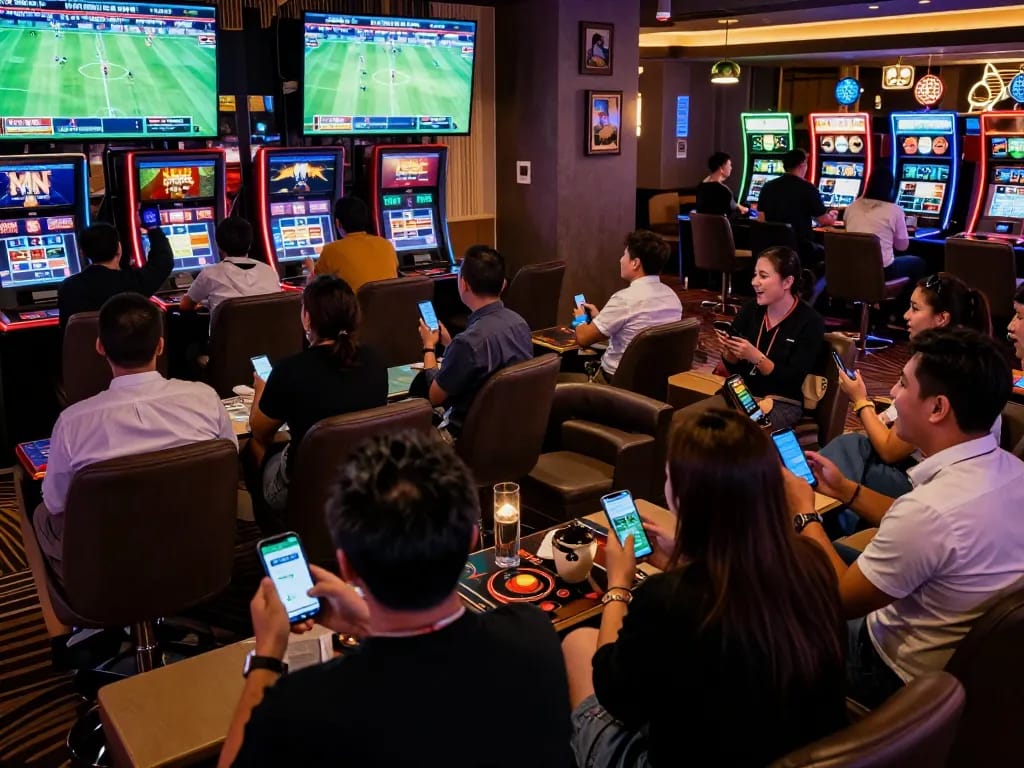 Exciting sports betting environment at a casino showcasing participants engaging with the tylekeonhacai88 betting platform.