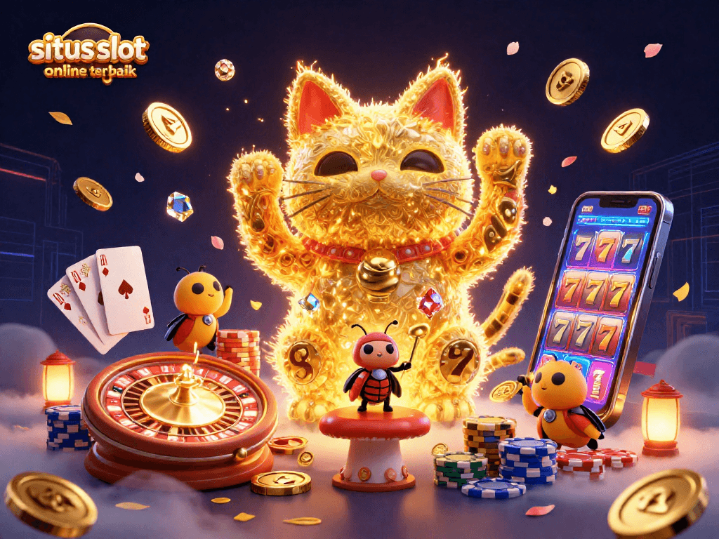 Gambarkan pengalaman permainan di situs slot online terbaik dengan kucing keberuntungan dan simbol kasino yang mengesankan.