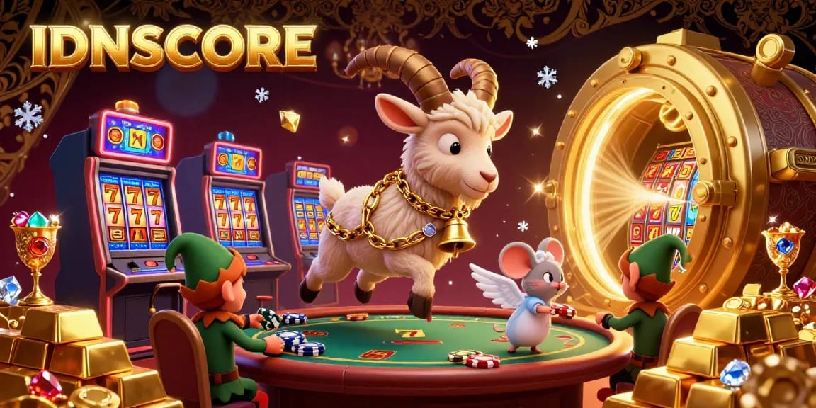 Join the fun at IDNSCORE as the festive Krampus goat oversees a lively casino filled with colorful slots and playful characters.