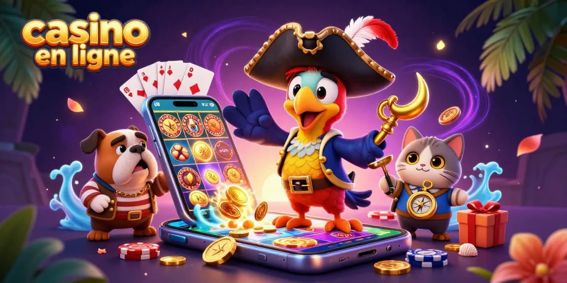 Découvrez le monde captivant du casino en ligne avec une scène animée de jeux captivants et de personnages colorés.
