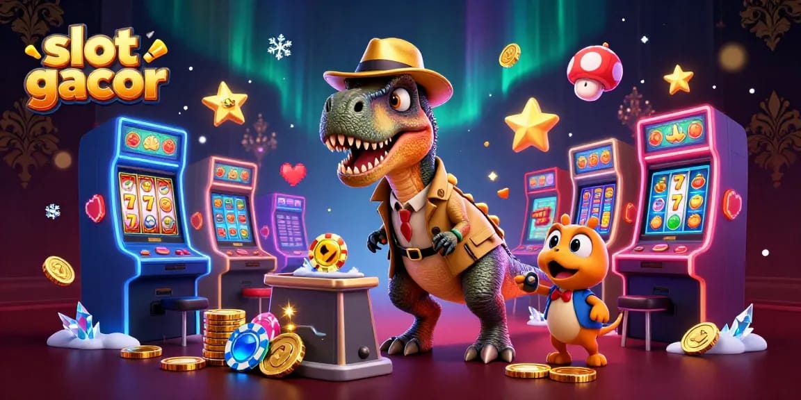 Engage with slot gacor elements featuring a velociraptor card counter and casino games