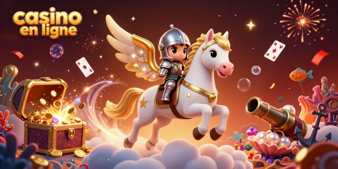 Tester le casino en ligne avec une illustration d'un cheval céleste et un chevalier en pleine aventure.