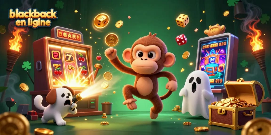 Jouez au blackjack en ligne avec des éléments de casino riches et colorés, mettant en vedette un monkey poltergeist amusant.