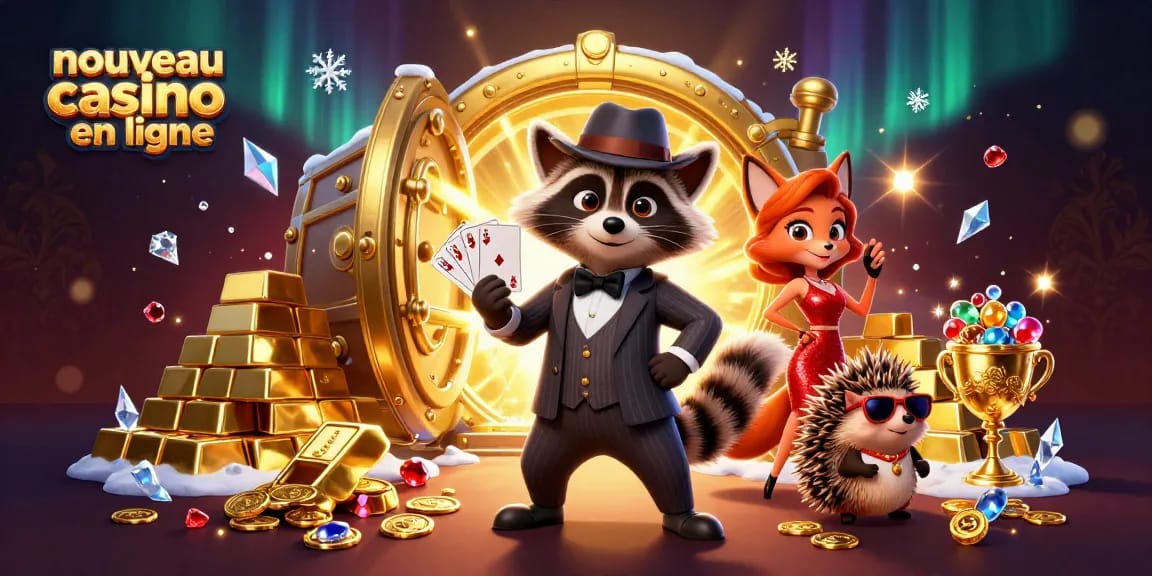 Explorez le nouveau casino en ligne avec une illustration riche en détails, mettant en scène des personnages flamboyants.